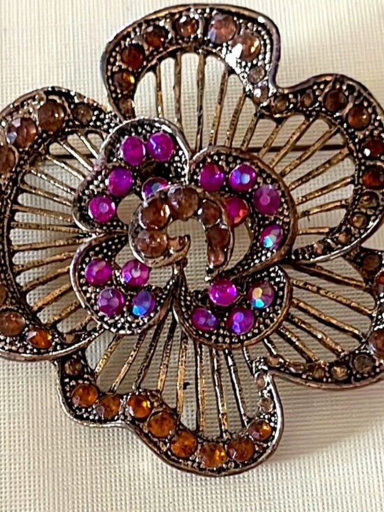 Jewelry - Bohemian Style Floral Brooch with Pink and Amber Accents